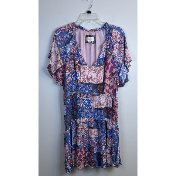 ANTHROPOLOGIE Robin Mini Dress Women XL Blue Pink Florals Tiered SS Boho Chic - Picture 2 of 12